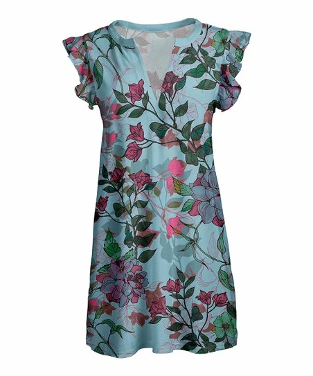 Lily | Pink & Teal Floral V-Neck Flutter-Sleeve Tunic - Plus 1 Lily | Pink & Teal Floral V-Neck Flutter-Sleeve Tunic - Plus