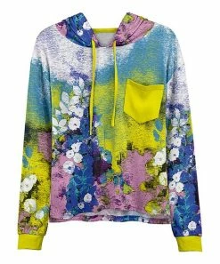 Lily | Yellow & Blue Watercolor Floral Chest-Pocket Hoodie - Women