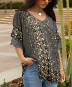 Lily | Black & Gray Geometric Ruffle-Sleeve V-Neck Tunic - Women & Plus