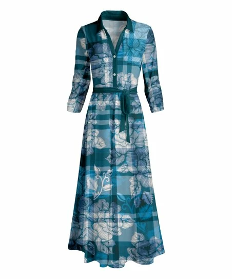 Lily | Teal & Blue Floral Collared Tie-Waist Maxi Dress - Plus 1 Lily | Teal & Blue Floral Collared Tie-Waist Maxi Dress - Plus