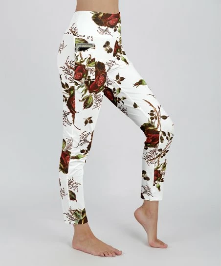 Lily | Red & White Floral Rose Pocket Leggings - Women 1 Lily | Red & White Floral Rose Pocket Leggings - Women