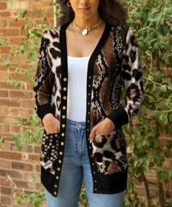 Lily | Brown & White Animal-Print Snap-Up Pocket Longline Cardigan - Women & Plus