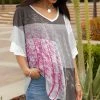 Lily | Taupe & Pink Trees Color Block Layered-Sleeve V-Neck Tunic - Women