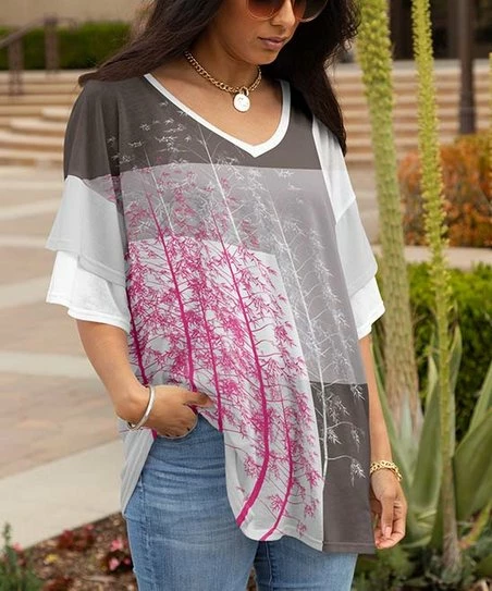 Lily | Taupe & Pink Trees Color Block Layered-Sleeve V-Neck Tunic - Women 1 Lily | Taupe & Pink Trees Color Block Layered-Sleeve V-Neck Tunic - Women