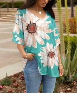 Lily | Turquoise & Beige Floral Ruffle-Sleeve V-Neck Tunic - Women & Plus