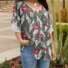 Lily | Gray & Red Floral Ruffle-Sleeve V-Neck Tunic - Plus