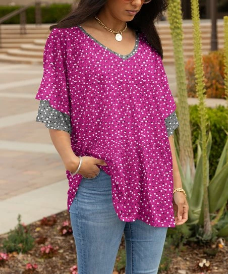 Lily | Fuchsia & Gray Speckled Ruffle-Sleeve V-Neck Tunic - Women & Plus 1 Lily | Fuchsia & Gray Speckled Ruffle-Sleeve V-Neck Tunic - Women & Plus