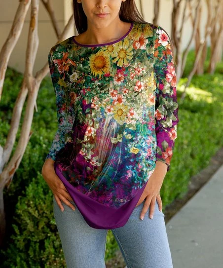 Lily | Purple & Yellow Floral Long-Sleeve Tunic - Women 1 Lily | Purple & Yellow Floral Long-Sleeve Tunic - Women