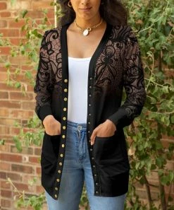 Lily | Black & Pink Floral Snap-Up Pocket Longline Cardigan - Women & Plus