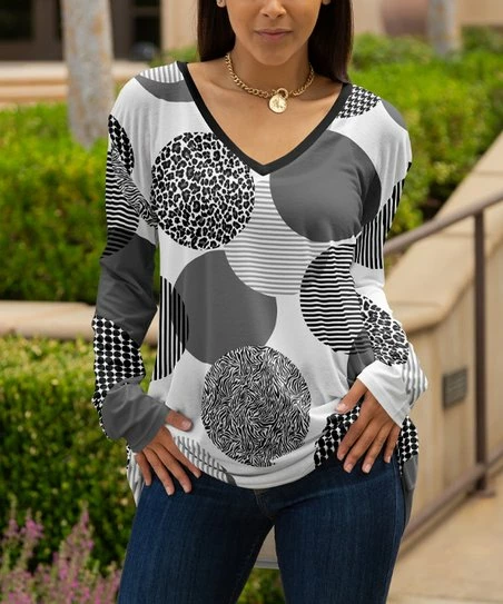 Lily | Black & Gray Abstract Dots V-Neck Long-Sleeve Tunic - Women 1 Lily | Black & Gray Abstract Dots V-Neck Long-Sleeve Tunic - Women