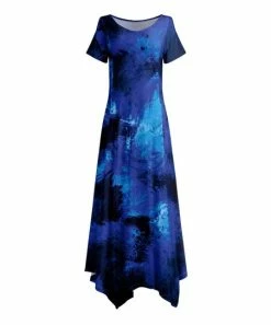 Lily | Blue & Black Abstract Pleated Short-Sleeve Maxi Dress - Plus