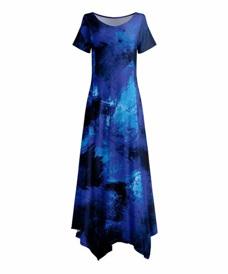 Lily | Blue & Black Abstract Pleated Short-Sleeve Maxi Dress - Plus 1 Lily | Blue & Black Abstract Pleated Short-Sleeve Maxi Dress - Plus