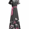 Lily | Gray & Pink Floral Tie-Waist Short-Sleeve Maxi Dress - Plus