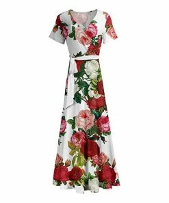 Lily | Red & White Floral Tie-Waist Short-Sleeve Maxi Dress - Plus