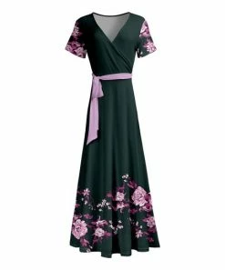 Lily | Pink & Green Floral Tie-Waist Short-Sleeve Maxi Dress - Women