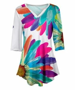Lily | White & Teal Multicolor Flower V-Neck Tunic - Plus