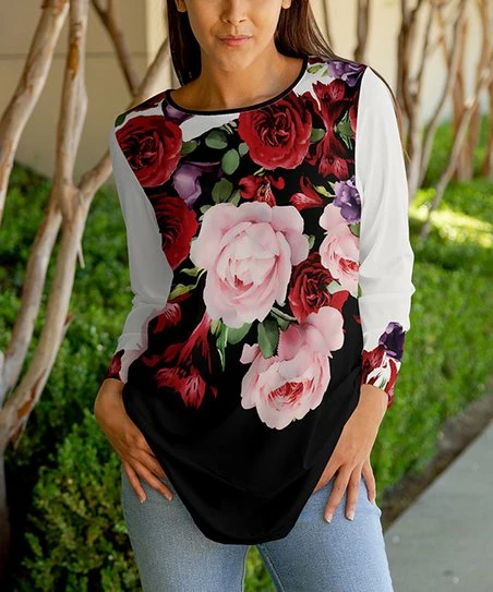 Lily | Black & Red Floral Long-Sleeve Tunic - Women 1 Lily | Black & Red Floral Long-Sleeve Tunic - Women