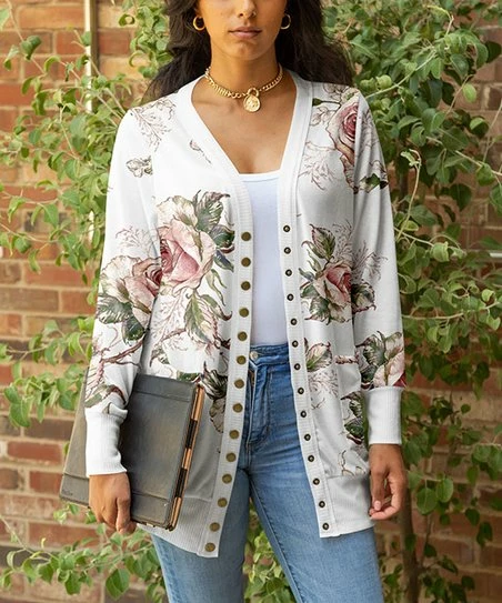 Lily | Rose & White Floral Snap-Button Cardigan - Women & Plus 1 Lily | Rose & White Floral Snap-Button Cardigan - Women & Plus