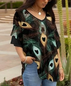 Lily | Beige & Turquoise Peacock Feather Three-Quarter Sleeve Tunic - Plus