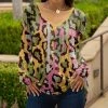 Lily | Yellow & Green Leopard Print Long-Sleeve V-Neck Tunic - Plus