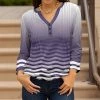 Lily | Navy & White Ombré Stripe Pin Tuck Button-Front Notch Neck Tunic - Women