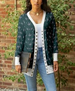 Lily | Teal & White Abstract Pocket Snap-Button Cardigan - Women