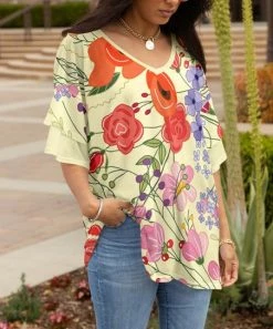 Lily | Yellow Floral Multicolor Layered-Sleeve Tunic - Plus