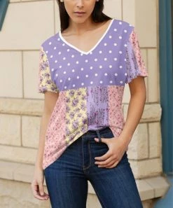 Lily | Purple & White Polka Dot Floral Block Short-Sleeve V-Neck Tunic - Plus