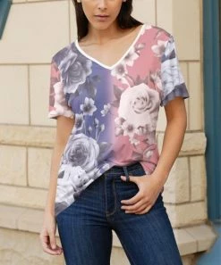 Lily | Rose & Purple Floral Gradient Short-Sleeve V-Neck Tunic - Plus