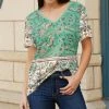 Lily | Turquoise & Cream Floral Geometric Short-Sleeve V-Neck Tunic - Women