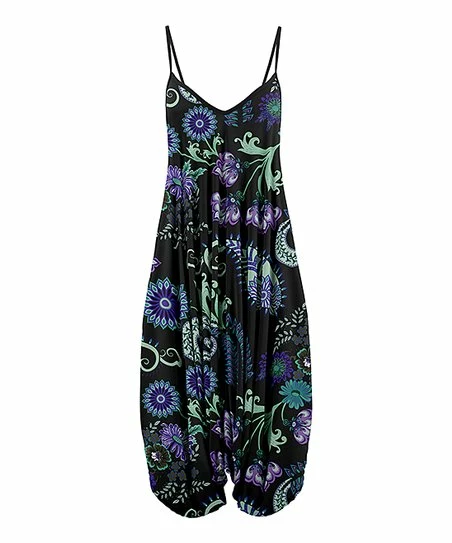 Lily | Black & Mint Paisley Spaghetti Strap Harem Jumpsuit - Women 1 Lily | Black & Mint Paisley Spaghetti Strap Harem Jumpsuit - Women
