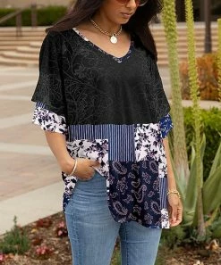 Lily | Black & Navy Paisley Patchwork V-Neck Ruffle Sleeve Tunic - Plus