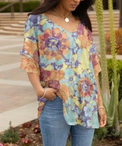 Lily | Aqua & Orange Abstract Floral Layered-Sleeve Tunic - Plus