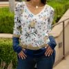 Lily | Navy & Beige Floral Color Block Long-Sleeve V-Neck Tunic - Women