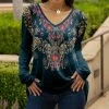 Lily | Teal & Beige Floral Long-Sleeve V-Neck Tunic - Women