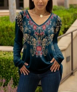 Lily | Teal & Beige Floral Long-Sleeve V-Neck Tunic - Women