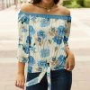 Lily | Turquoise & Cream Floral Knot-Front Off-Shoulder Top - Plus