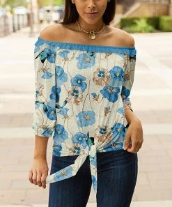 Lily | Turquoise & Cream Floral Knot-Front Off-Shoulder Top - Plus