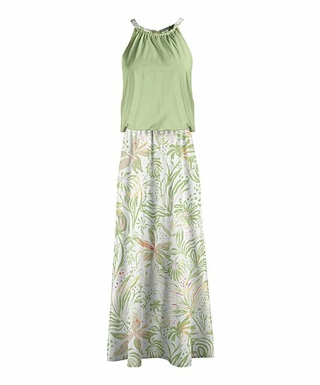 Lily | Green & White Floral Yoke-Neck Blouson Maxi Dress - Plus 1 Lily | Green & White Floral Yoke-Neck Blouson Maxi Dress - Plus