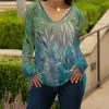 Lily | Teal & Green Leaf-Print V-Neck Tunic - Plus