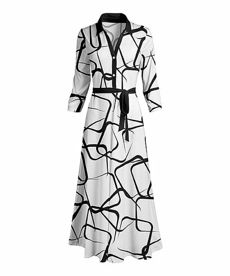 Lily | Black & White Geometric Abstract Button-Front Shirt Dress - Women 1 Lily | Black & White Geometric Abstract Button-Front Shirt Dress - Women
