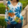 Lily | White & Turquoise Floral Long-Sleeve V-Neck Tunic - Women & Plus