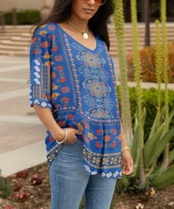 Lily | Blue & Red Arabesque Layered-Sleeve V-Neck Tunic - Women & Plus