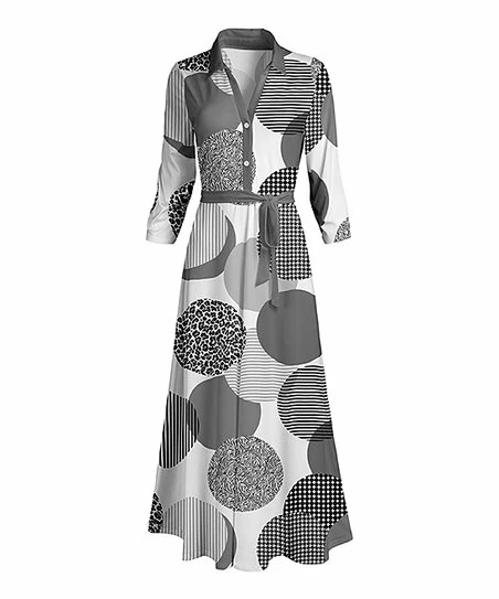 Lily | Gray & White Circular Stripe Leopard Button-Front Shirt Dress - Women 1 Lily | Gray & White Circular Stripe Leopard Button-Front Shirt Dress - Women