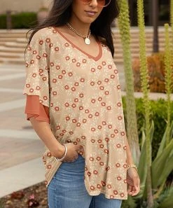 Lily | Rust & Orange Floral Flutter-Sleeve V-Neck Tunic - Women