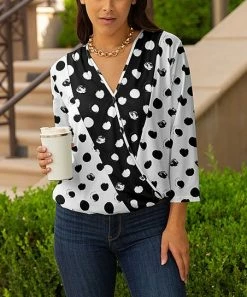 Lily | Black & White Polka Dot Three-Quarter Sleeve Surplice Top - Women