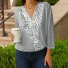 Lily | Gray & White Abstract Stripe Three-Quarter Sleeve Surplice Top - Women