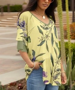 Lily | Yellow & Green Floral Layered-Sleeve V-Neck Tunic - Women & Plus