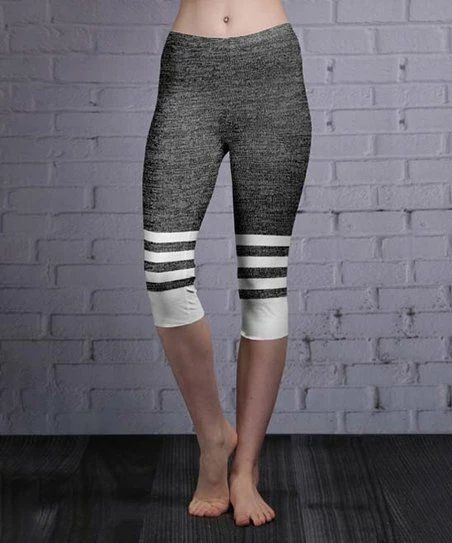 Lily | Black & White Knit-Print Stripe-Accent Capri Leggings - Women 1 Lily | Black & White Knit-Print Stripe-Accent Capri Leggings - Women