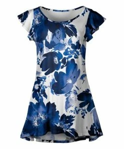 Lily | Blue & White Floral Flutter-Sleeve Tunic - Plus
